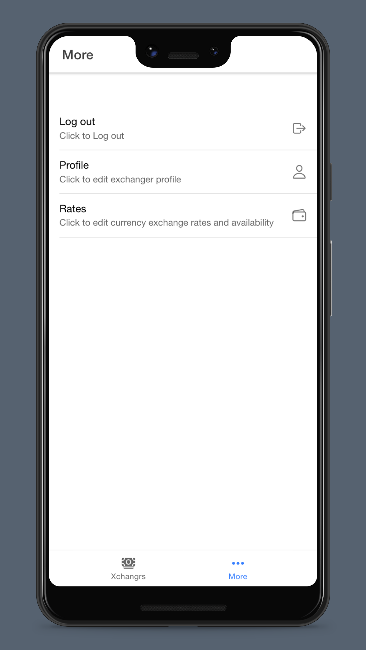 Xchangr app settings screen